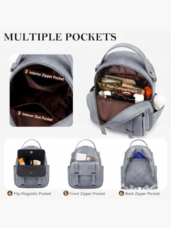 Mini Vegan Leather Backpack Purse with Multi Pockets, Lightweight Daypack, main image 4